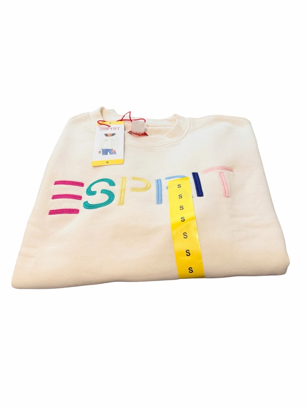 Esprit Cream Sweatshirt with Multicolor Embroidered Logo NWT Size Small